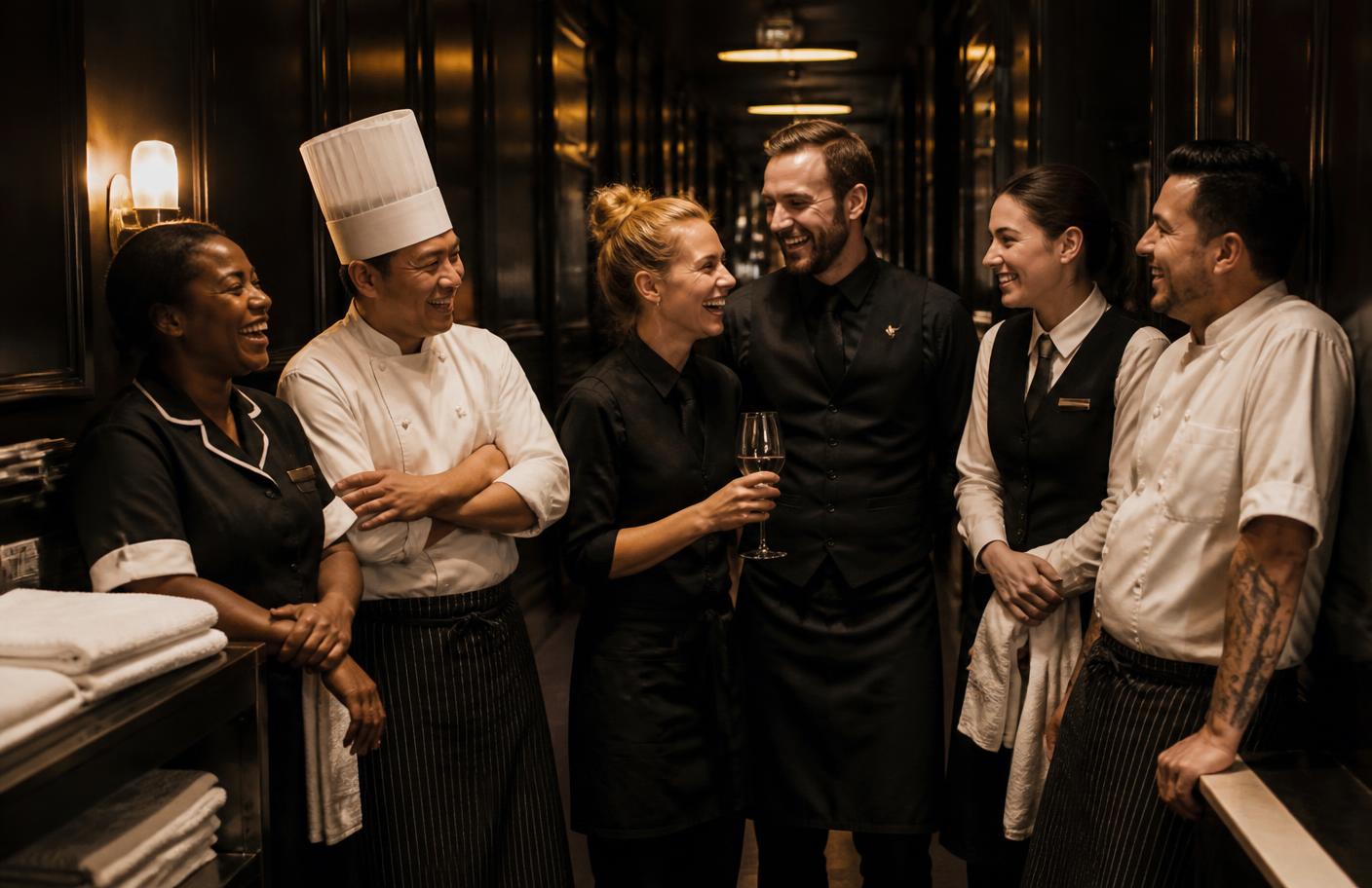 A hotel crew of chefs, servers, a bartender and a housekeeper together after a shift