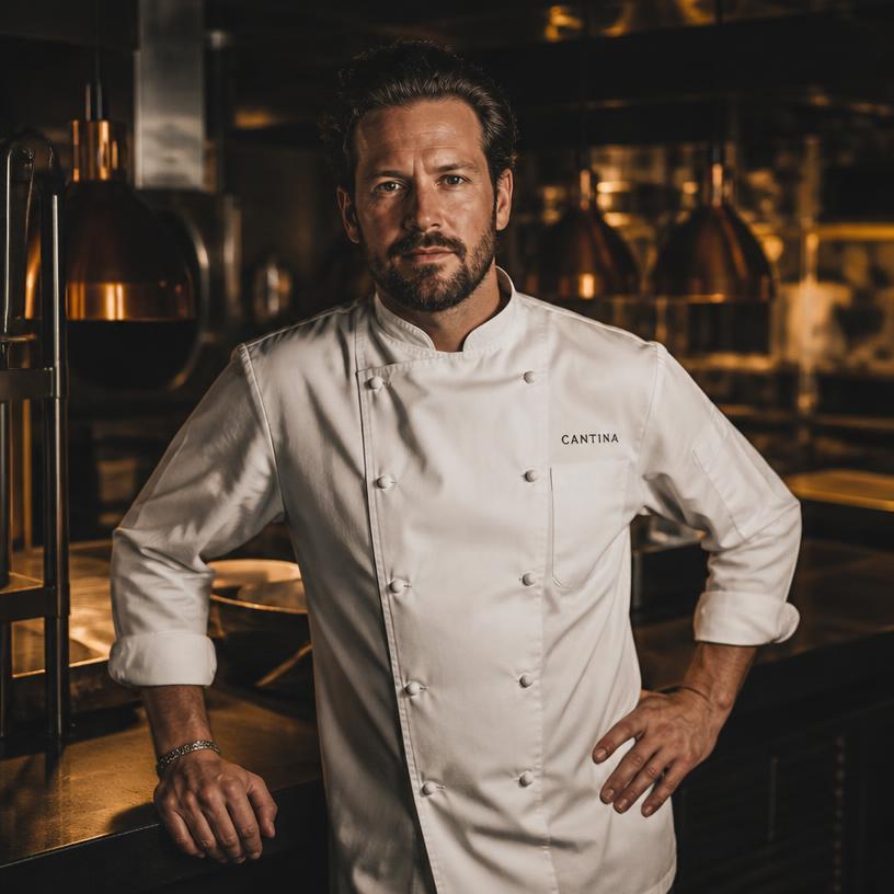Sous chef in a white chef jacket in a hotel kitchen