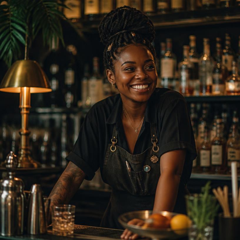 Head bartender smiling behind a hotel cocktail bar