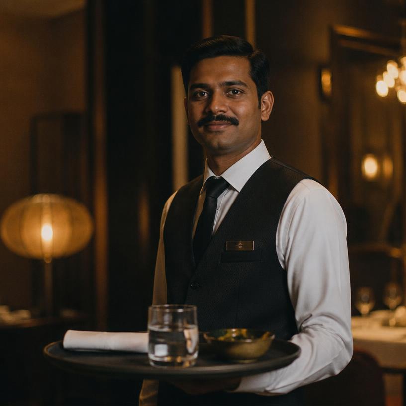 Restaurant server carrying a tray in a hotel dining room