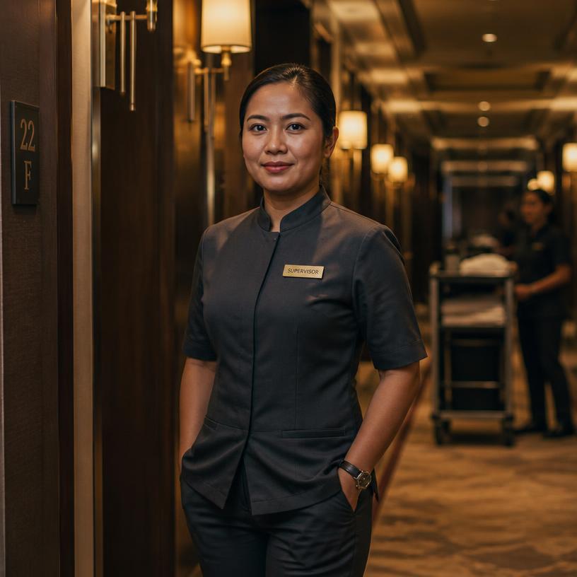 Housekeeping supervisor in a hotel corridor