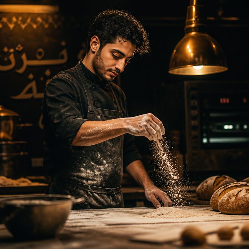 Pastry chef dusting flour over dough in a bakery